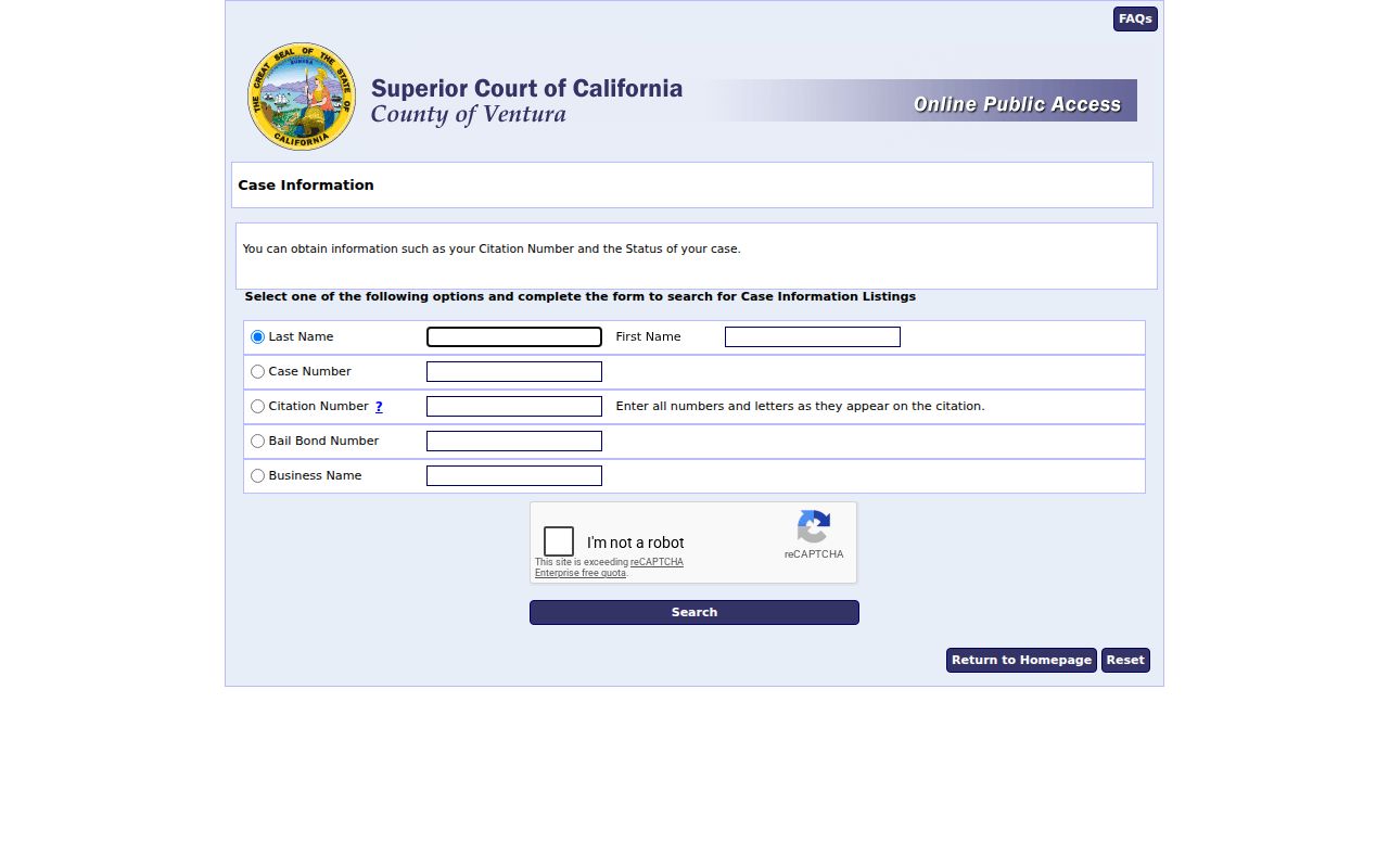 Thousand Oaks people search Ventura court case information fields
