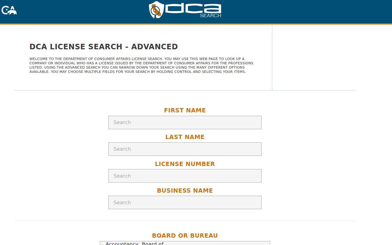 Thousand Oaks public records fields in the California DCA license search
